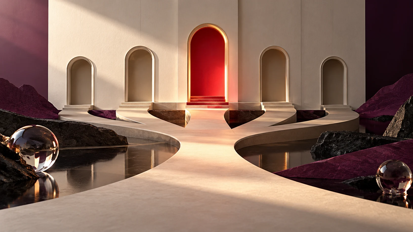 Five architectural doorways and a path toward one selected crimson entrance — conceptual AI-generated editorial illustration