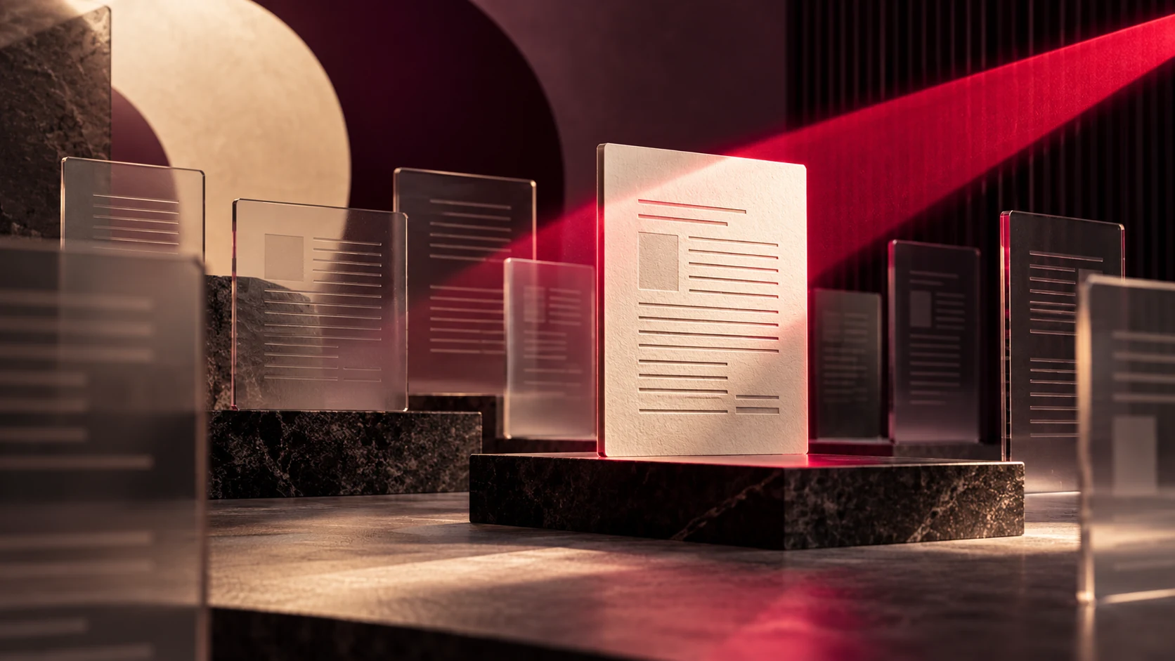 Translucent document panels with abstract lines and an illuminated evidence document — conceptual AI-generated editorial illustration