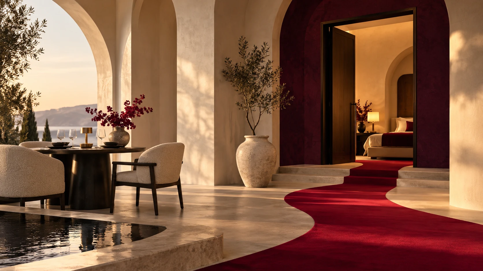 Ivory hospitality arches, a dining setting and a welcoming room threshold — conceptual AI-generated editorial illustration