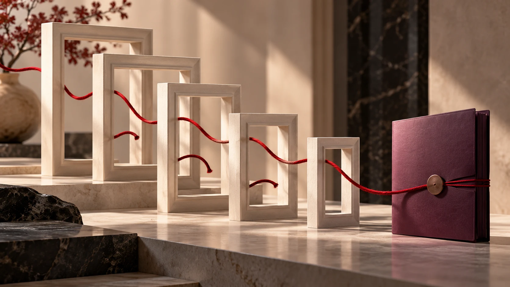 Nested ivory frames and a crimson thread leading toward a closed document folder — conceptual AI-generated editorial illustration